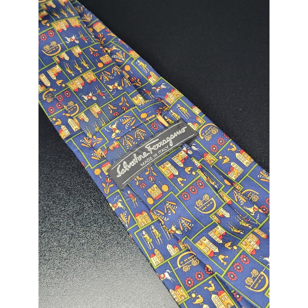 Salvatore Ferragamo Mens Silk Tie Blue Village Scene Made in Italy